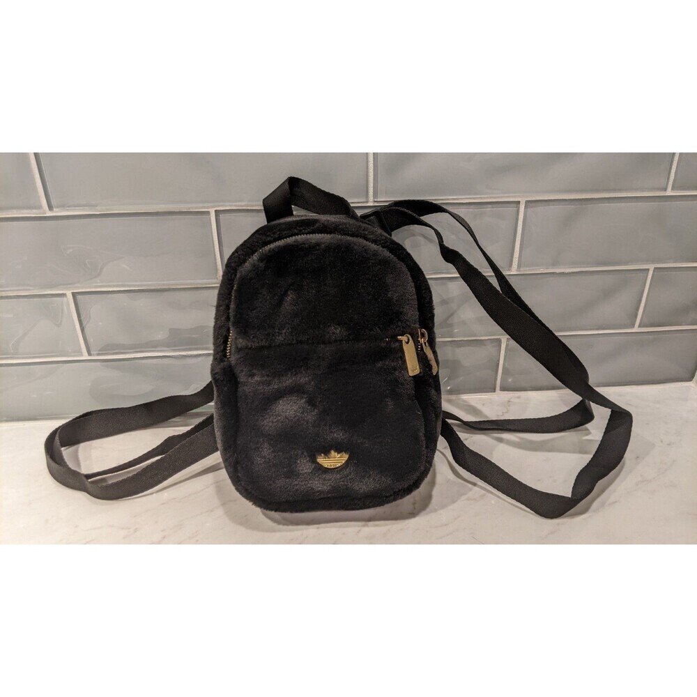 ADIDAS Black Faux Fur Adjustable Mini-Backpack Gold Trefoil Hardware - Picture 15 of 16